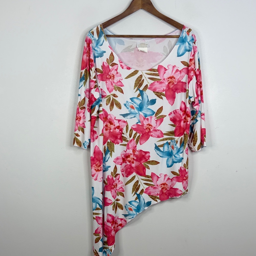 Linda Lundstrom Top Womens 16 Pink White Floral Scoop Neck Kerchief Hem Canada